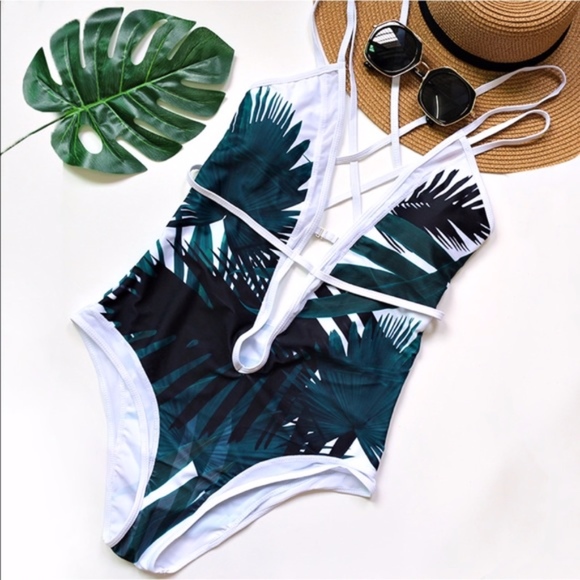 013 Boho Tropical Leaves Print Criss Cross Monokini One Piece Swimsuit - Picture 2 of 3